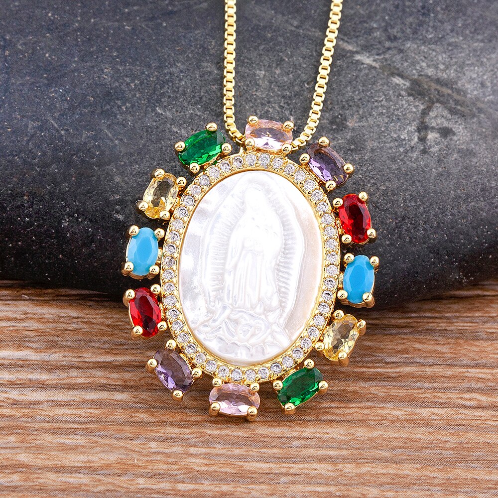 High Quality Virgin Mary Pendant Rainbow Crystal Exquisite CZ Copper Zircon Necklace