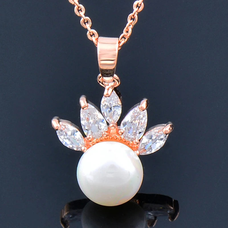 Korean Fashion Crystal Flower Pearl Pendant Stainless Steel Necklace For Women