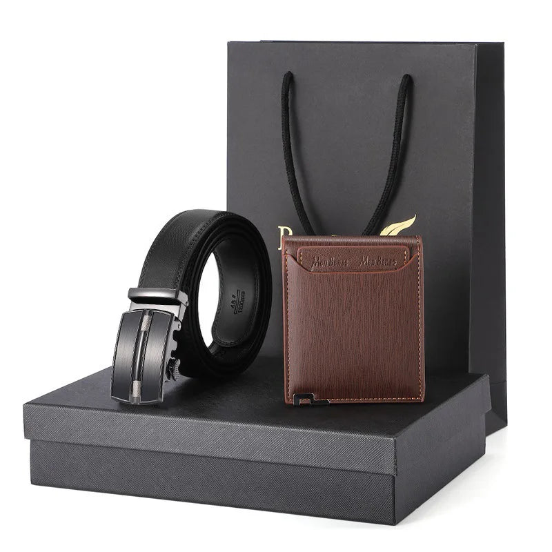 Genuine Leather Men's Wallet Belt Gift Set with Box Anniversary Birthday Gifts