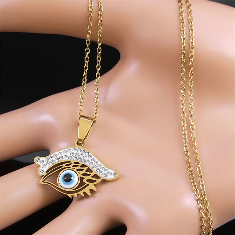 Turkish Blue Eye Necklace  Stainless Steel Crystal Gold Color Chain Necklace