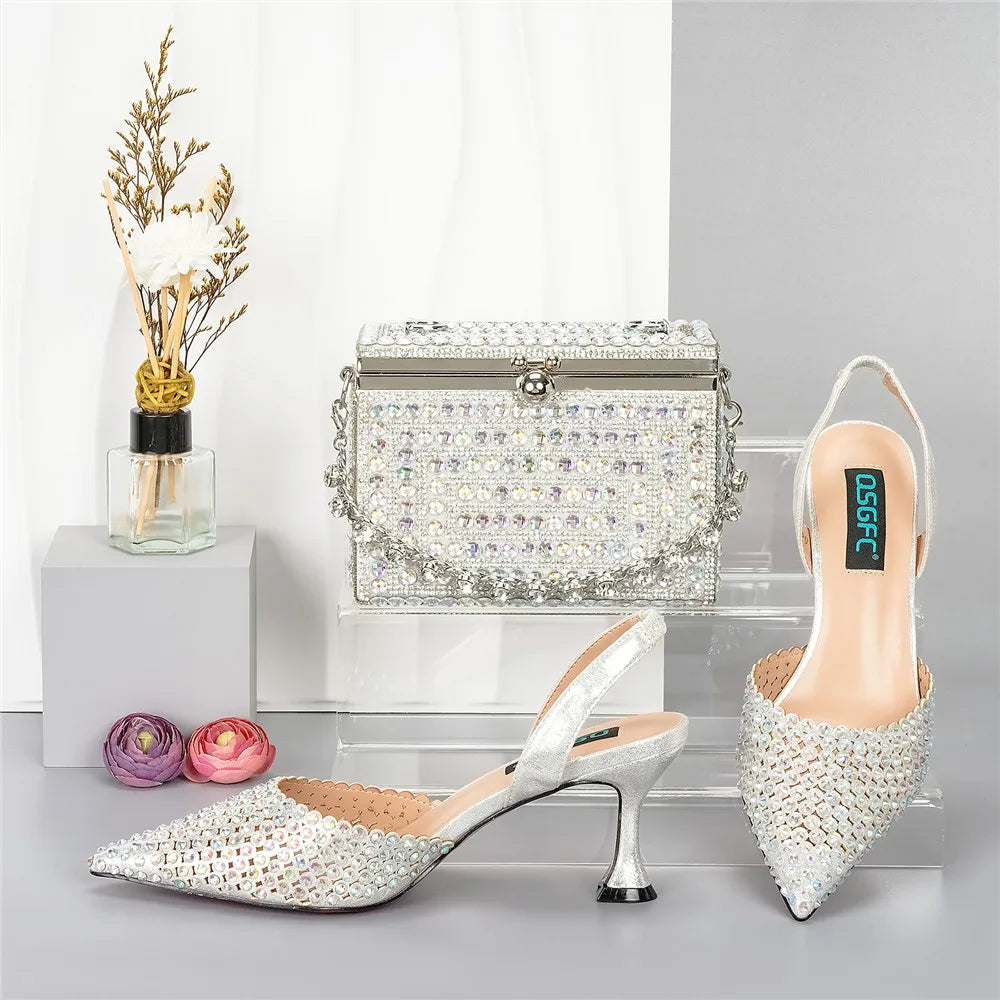 Italian Design High Quality Wmen's Pumps And Bag Full Of Rhinestones