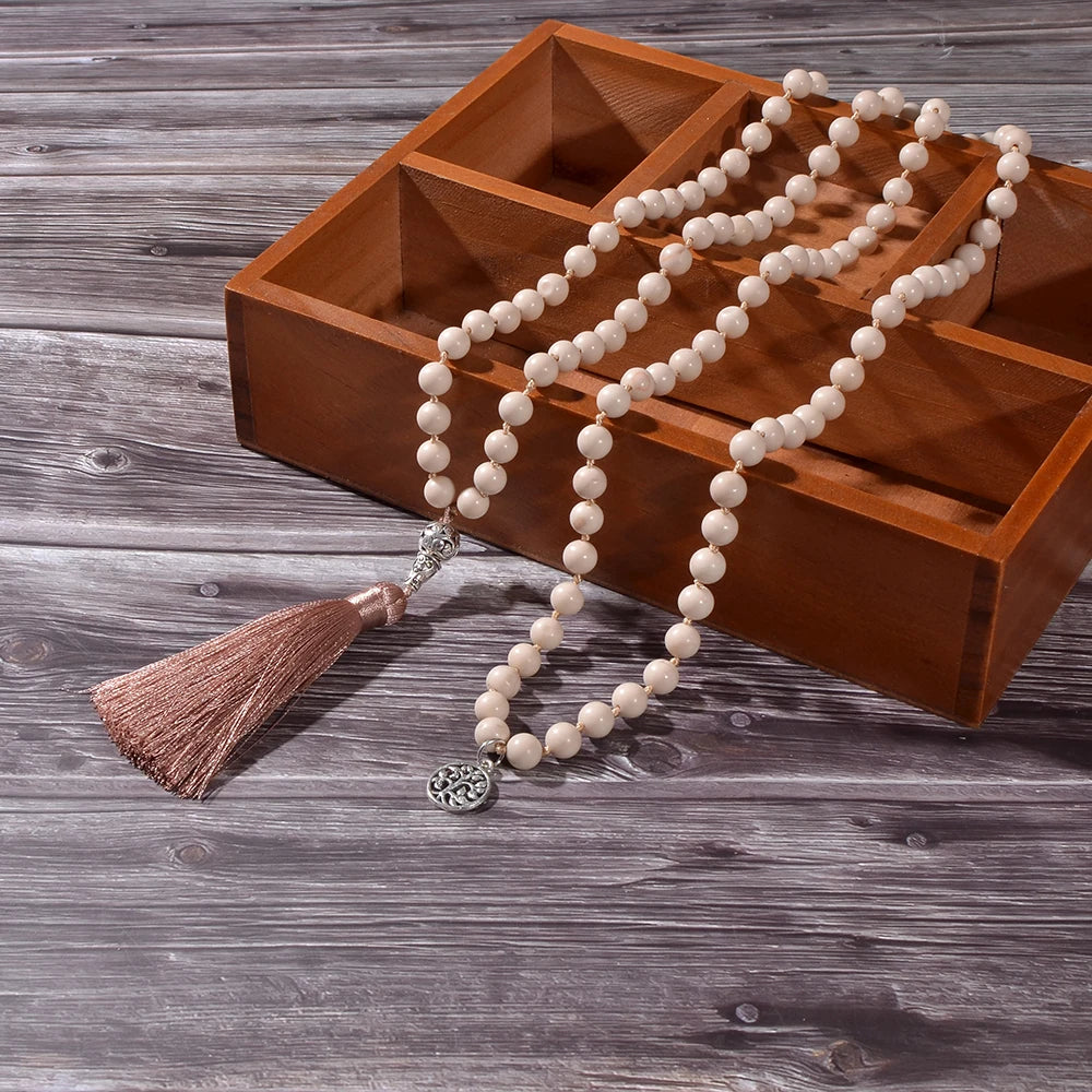 8mm White Fossil Beads Knotted 108 Mala Necklace Meditation Prayer Yoga Jewelry Long Tassel Rosary