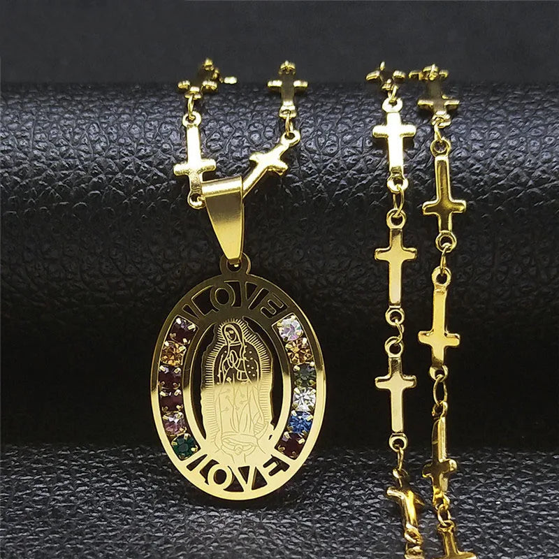  Crystal Stainless Steel The Virgin Mary Medal Necklaces for Women/Men