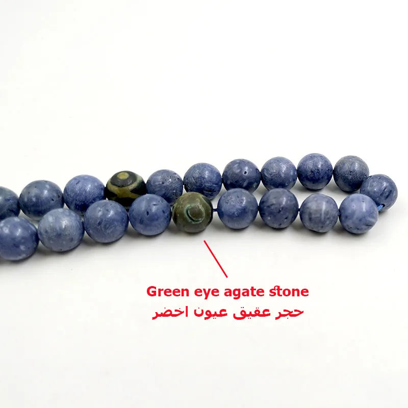 Tasbih Natural Blue Coral WITH green eye agate Muslim Rosary 33 Ramadan Eid gift