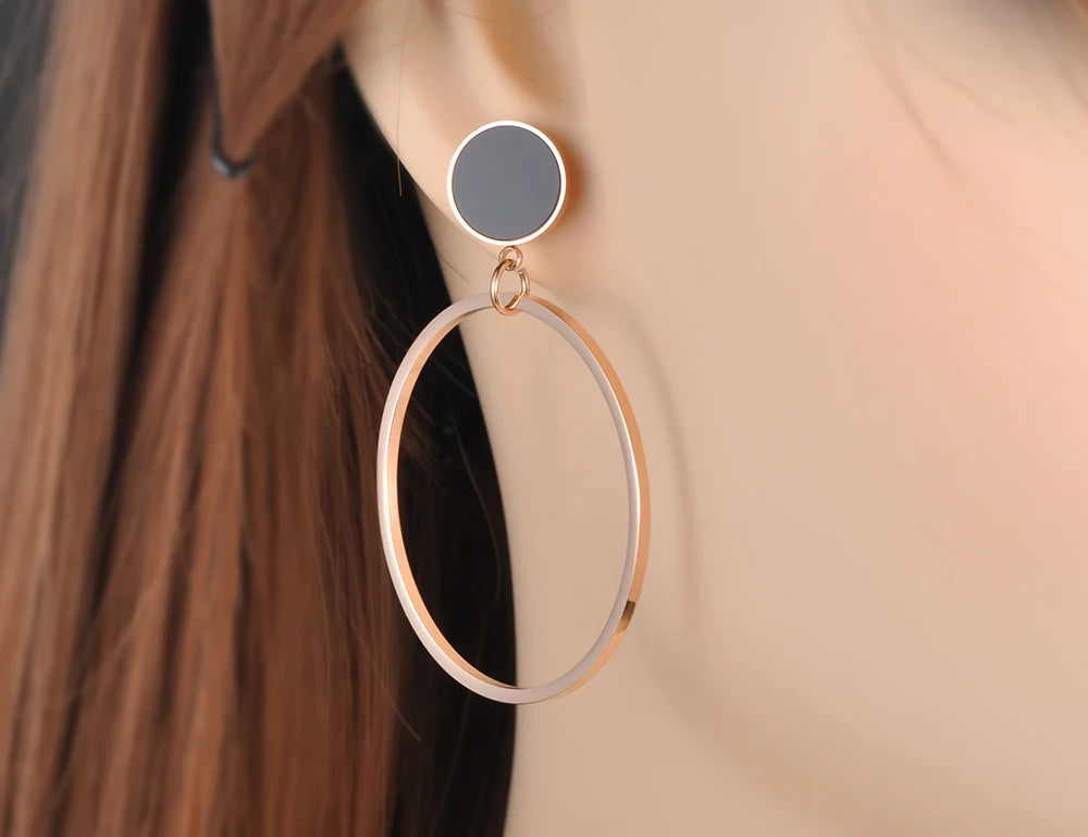 Stainless Steel Jewelry Black Acrylic Disc & Circle Earrings Rose Gold Color Stud Earrings