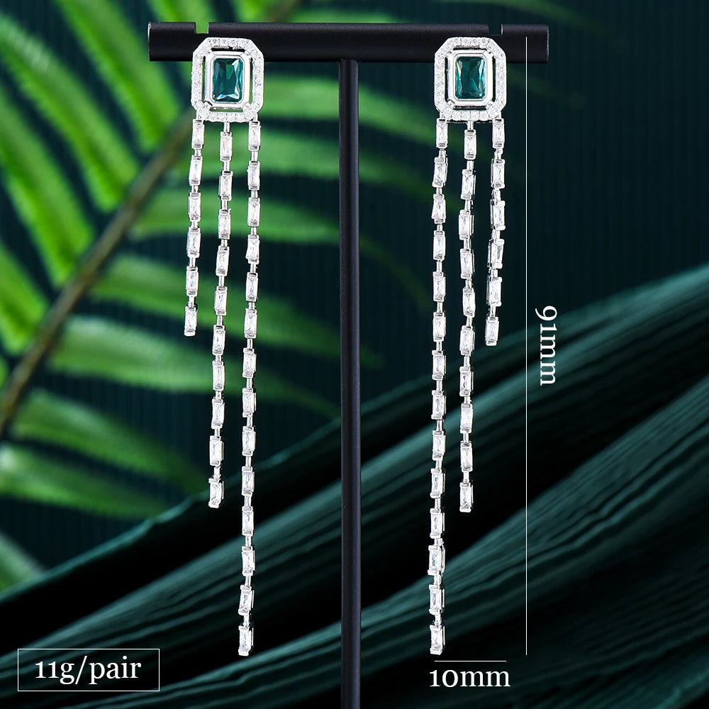 Trendy Sweet Long CZ Tassel Earrings For Women Bohemian Geometric Drop Earring