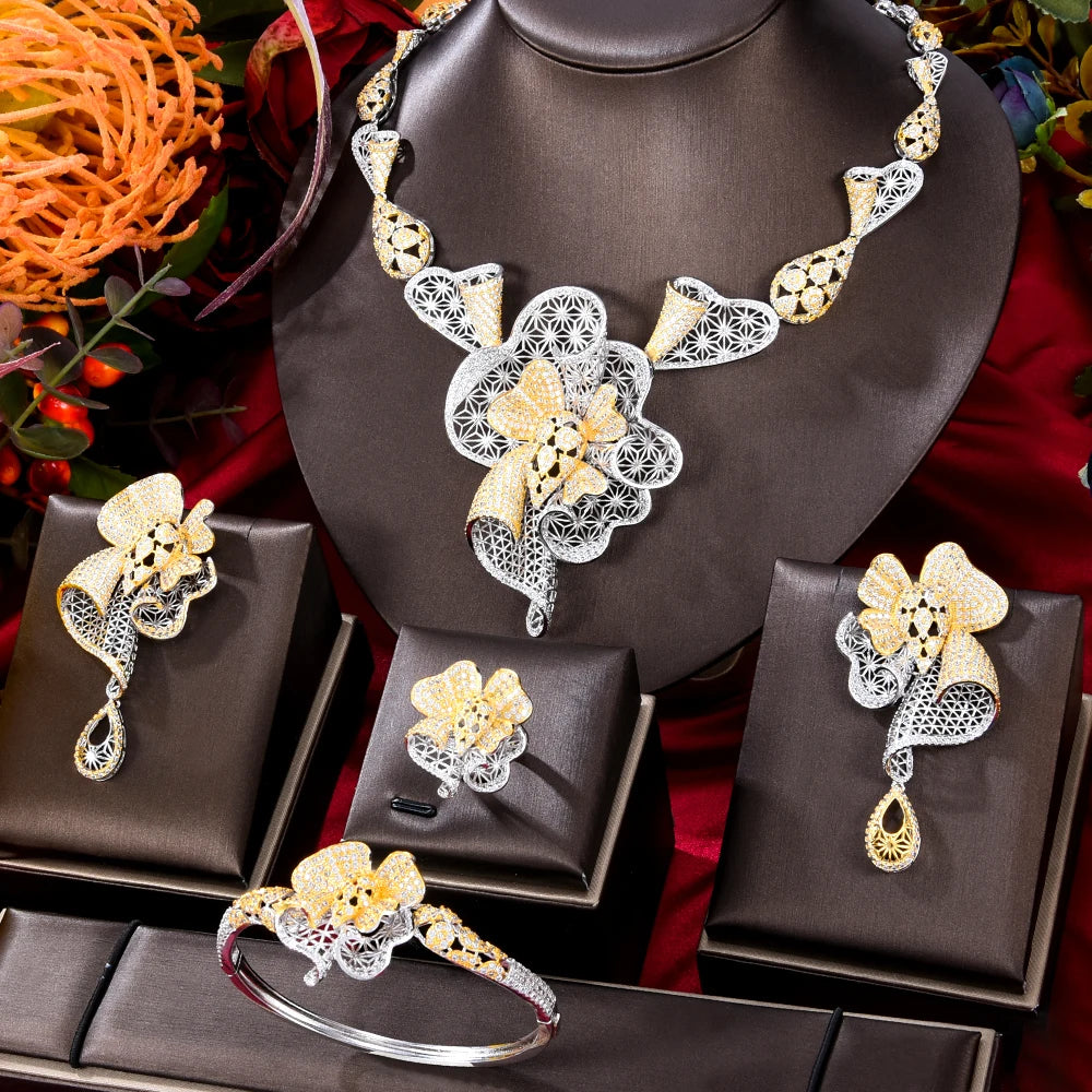 Gorgeous Luxury Flower Bangle Earrings Ring Necklace Jewelry Set for Women