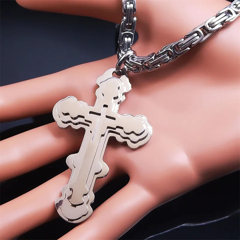 Catholicism Jesus Cross Men Chain Necklace Silver Color Stainless Steel Necklaces