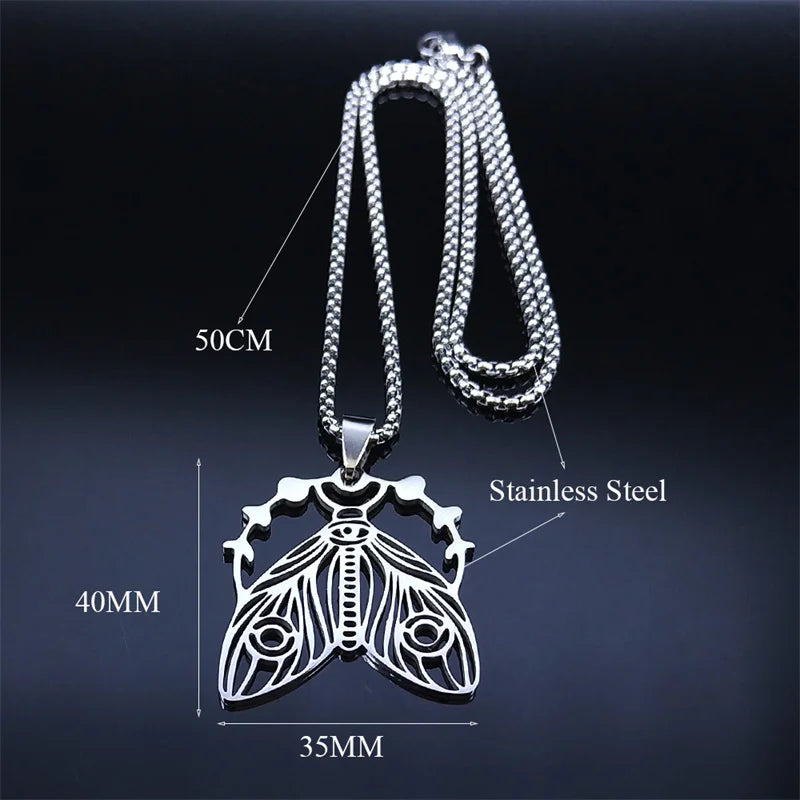 Silver Color Stainless Steel Witchcraft Moth Moon Chain Necklaces for Women/Men