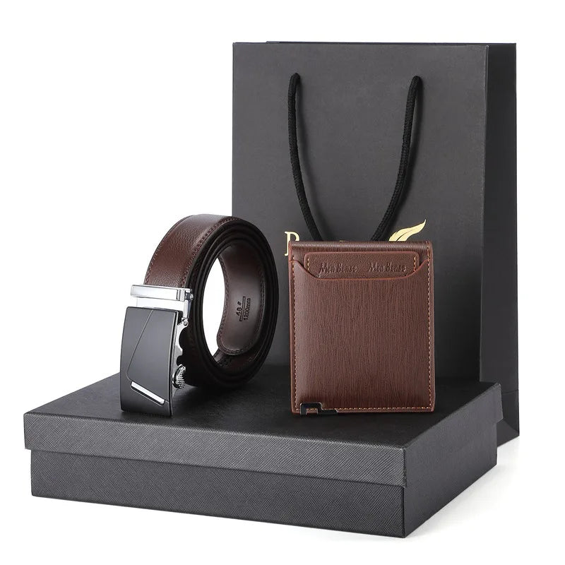 Genuine Leather Men's Wallet Belt Gift Set with Box Anniversary Birthday Gifts