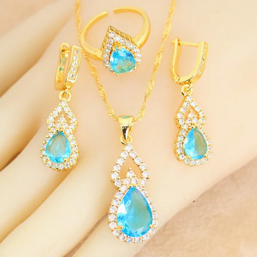 Water Drop Green Crystal Earrings Necklace Pendant Open Ring Wedding Gift