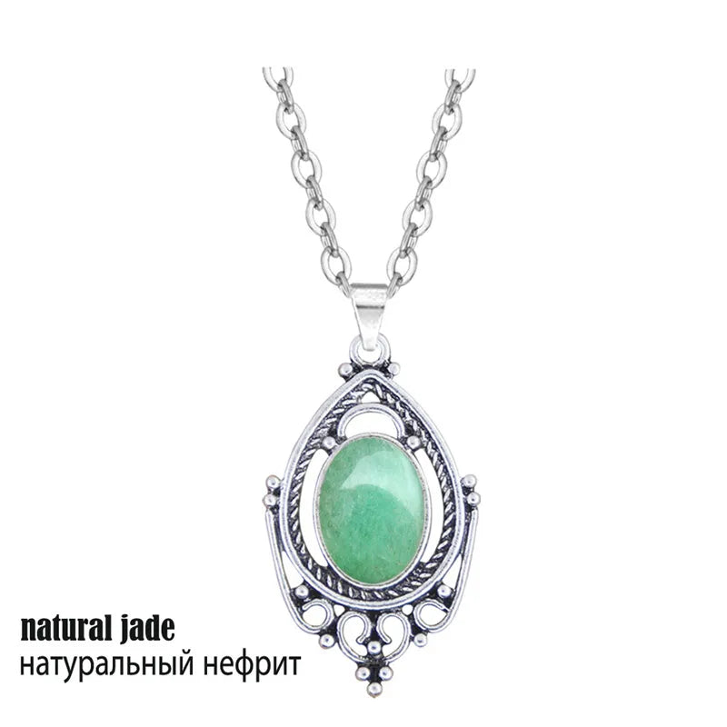 Vintage Water Drop Pendant Natural Jades Lapis Opal Necklace