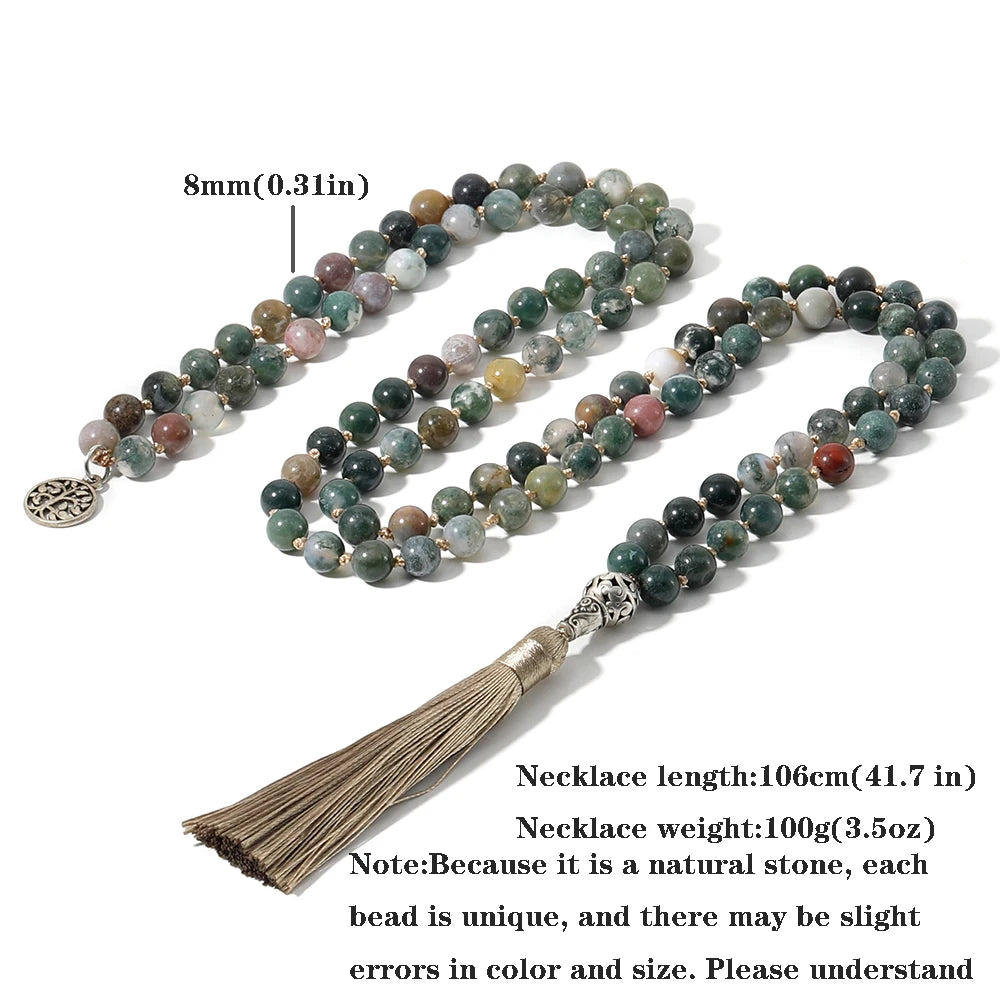 8mm Natural Indian Agate Beads Knotted 108 Mala Necklace