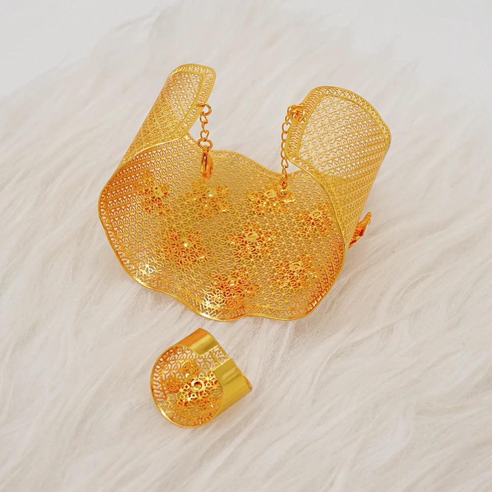 Dubai Gold Color Bangle & Ring For Women Flower Shape Bracelet