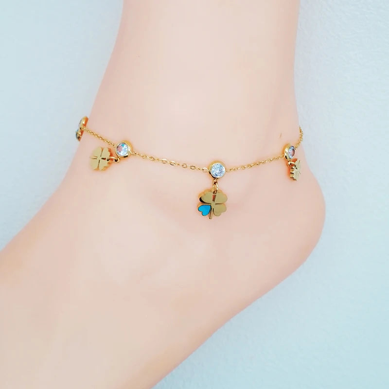 Stainless Steel Anklet Clover Pendant Foot Chain Women