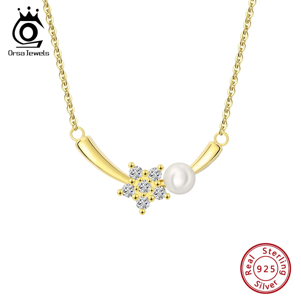  Real 925 Sterling Silver Long Bar Pendants Necklace with Pearl Snowflake Pendant