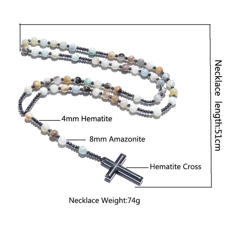 Natural 8mm Amazonite Beads Catholic Christ Rosary Necklaces Hematite Cross Pendant