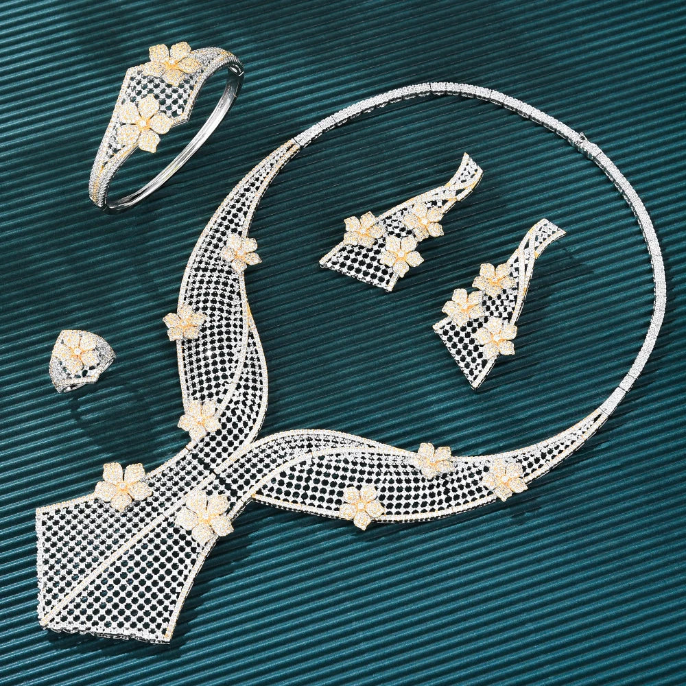 New Luxury Earrings Necklace Bangle Ring 4PCS Jewelry Sets For Women Bride Wedding Jewelry