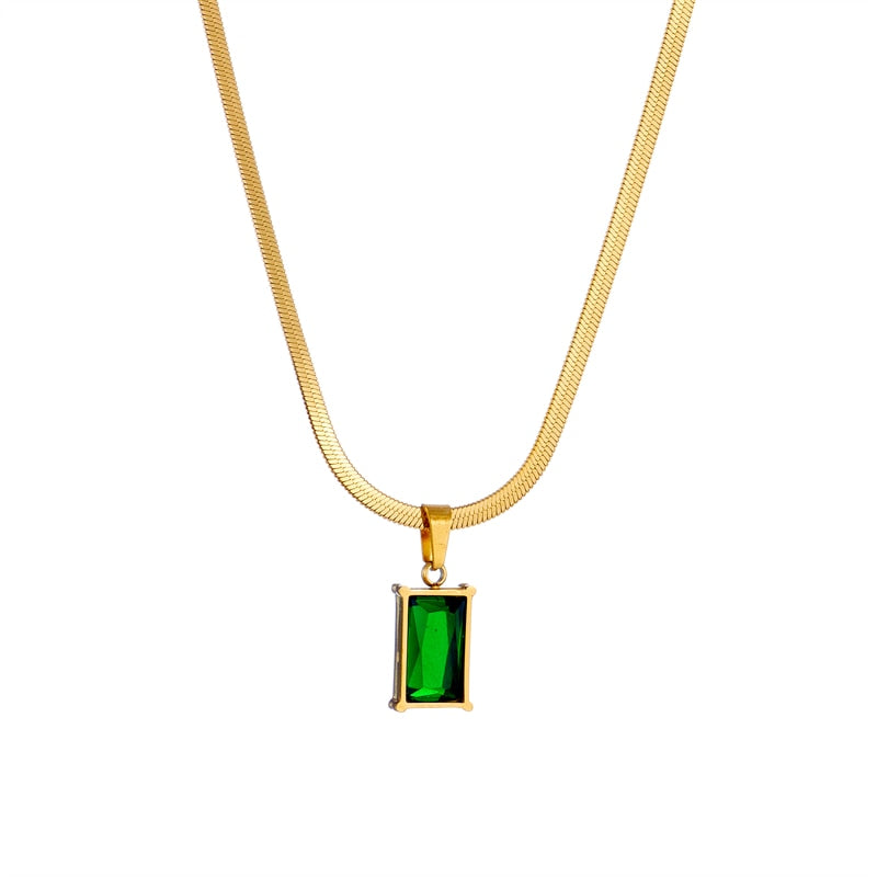 316L Stainless Steel Green Crystal Pendant Necklace For Women