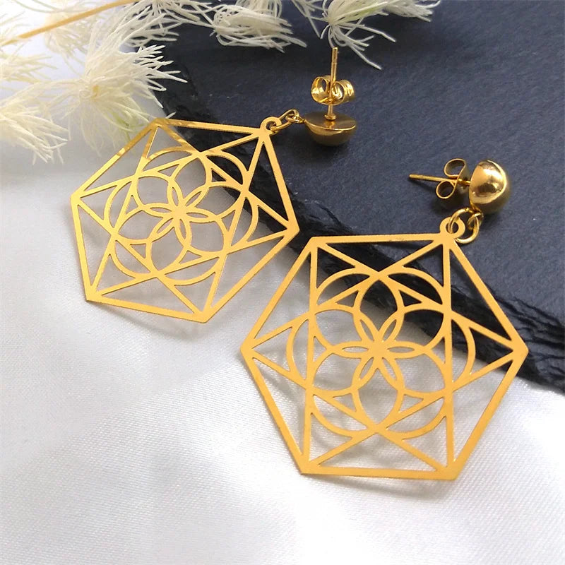 Flower of Life Dangle Earrings for Women Stainless Steel Hexagram Stud Earring