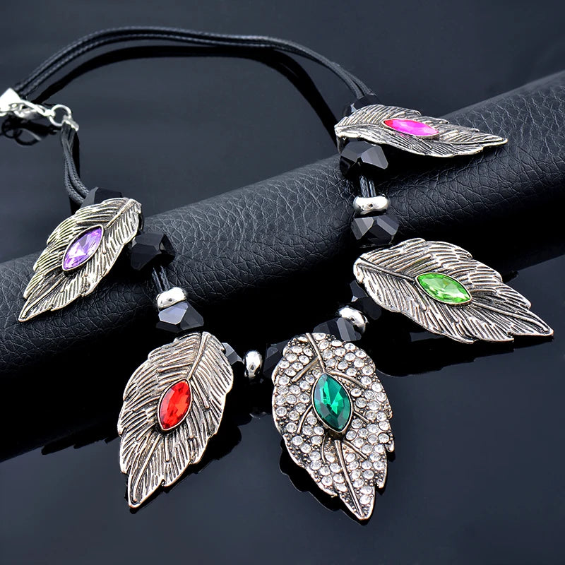  Vintage Leather Blue Green Red Cubic Zirconia Pendant Necklace For Women