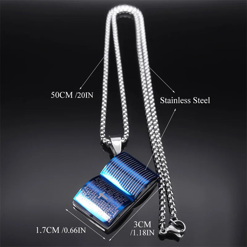 Spanish Prayer Bible Verse Projection Cross Blue Necklace for Women Men