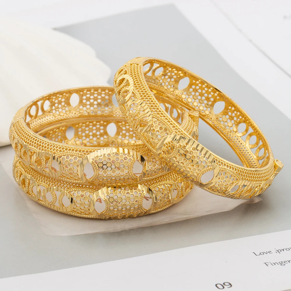 Gold Color Cuff Bangle for Women Arab India 3PCS Jewelry set
