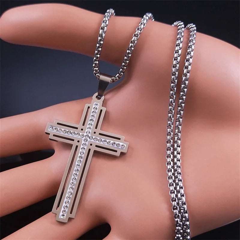 Catholic Cross Necklace Silver Color Stainless Steel Pendant Necklaces