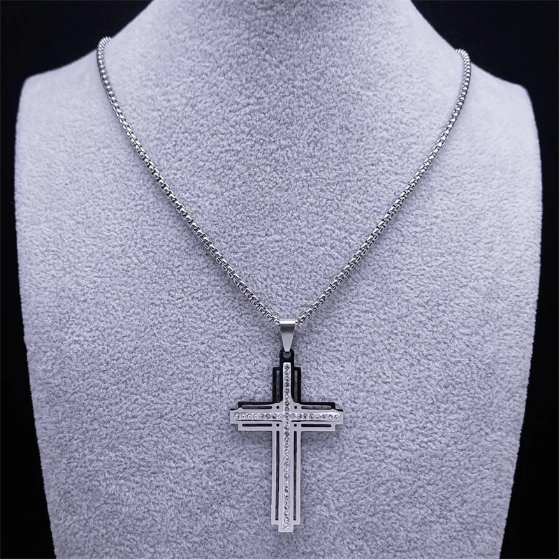 Catholic Cross Necklace Silver Color Stainless Steel Pendant Necklaces