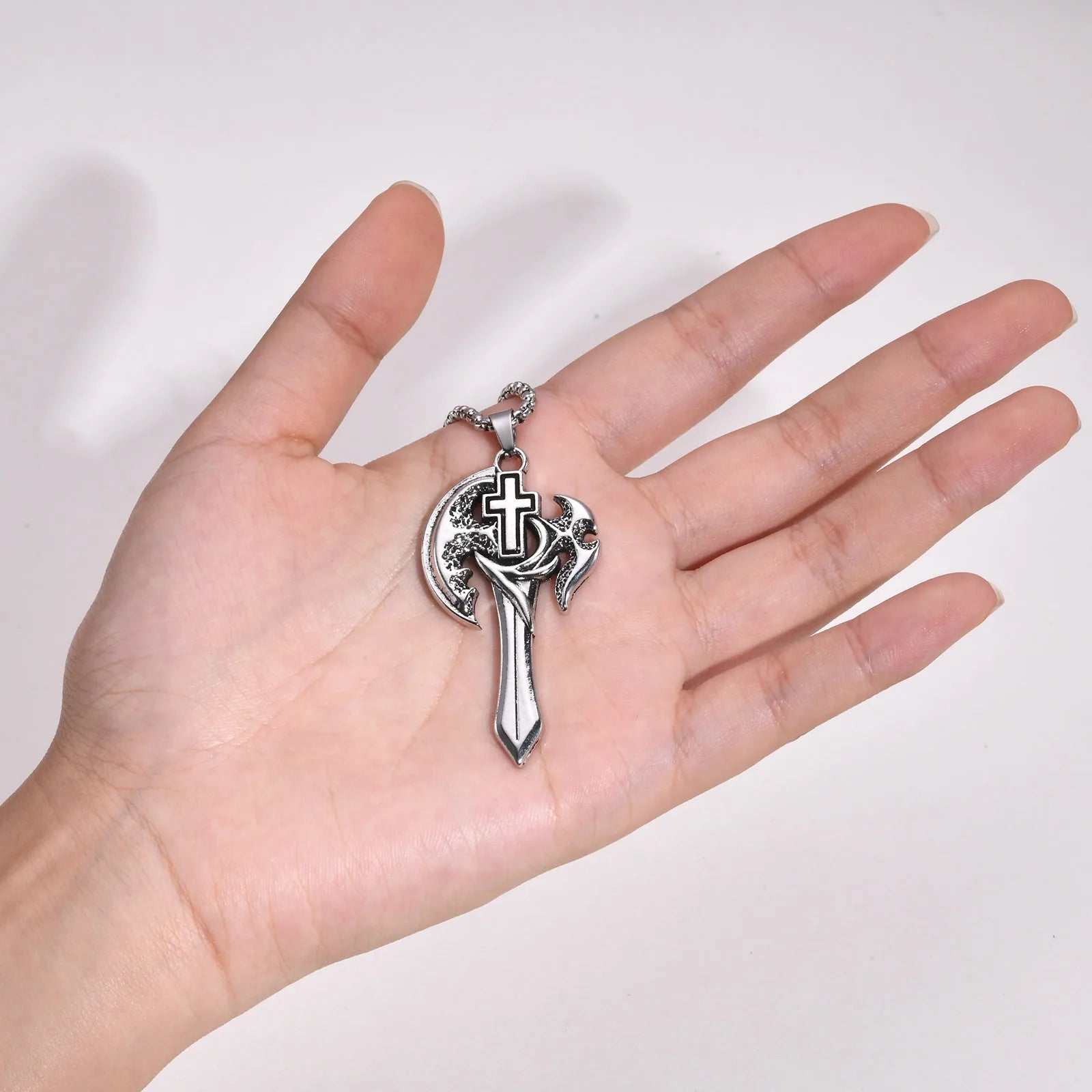 Mens Axe Sword Necklaces, Waterproof Stainless Steel Cross Pendant with Box Chain