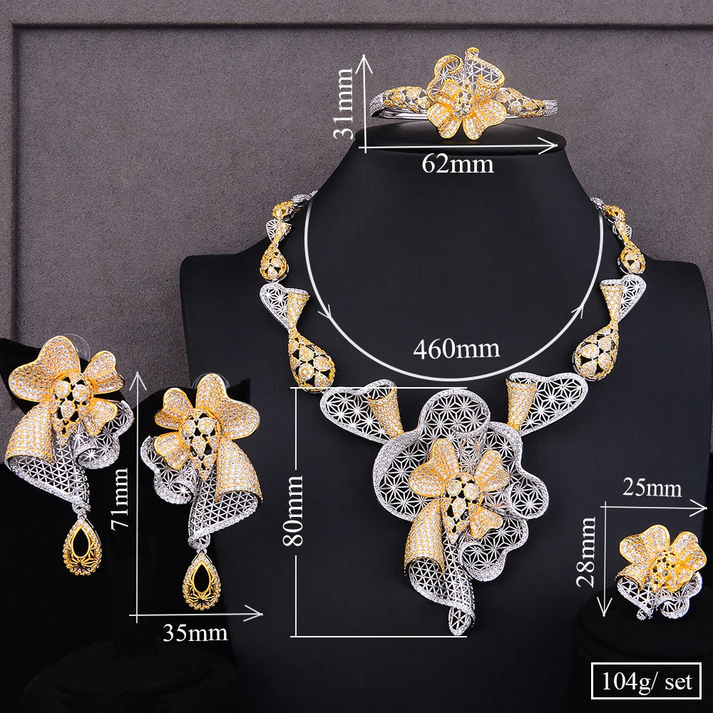 Gorgeous Luxury Flower Bangle Earrings Ring Necklace Jewelry Set for Women