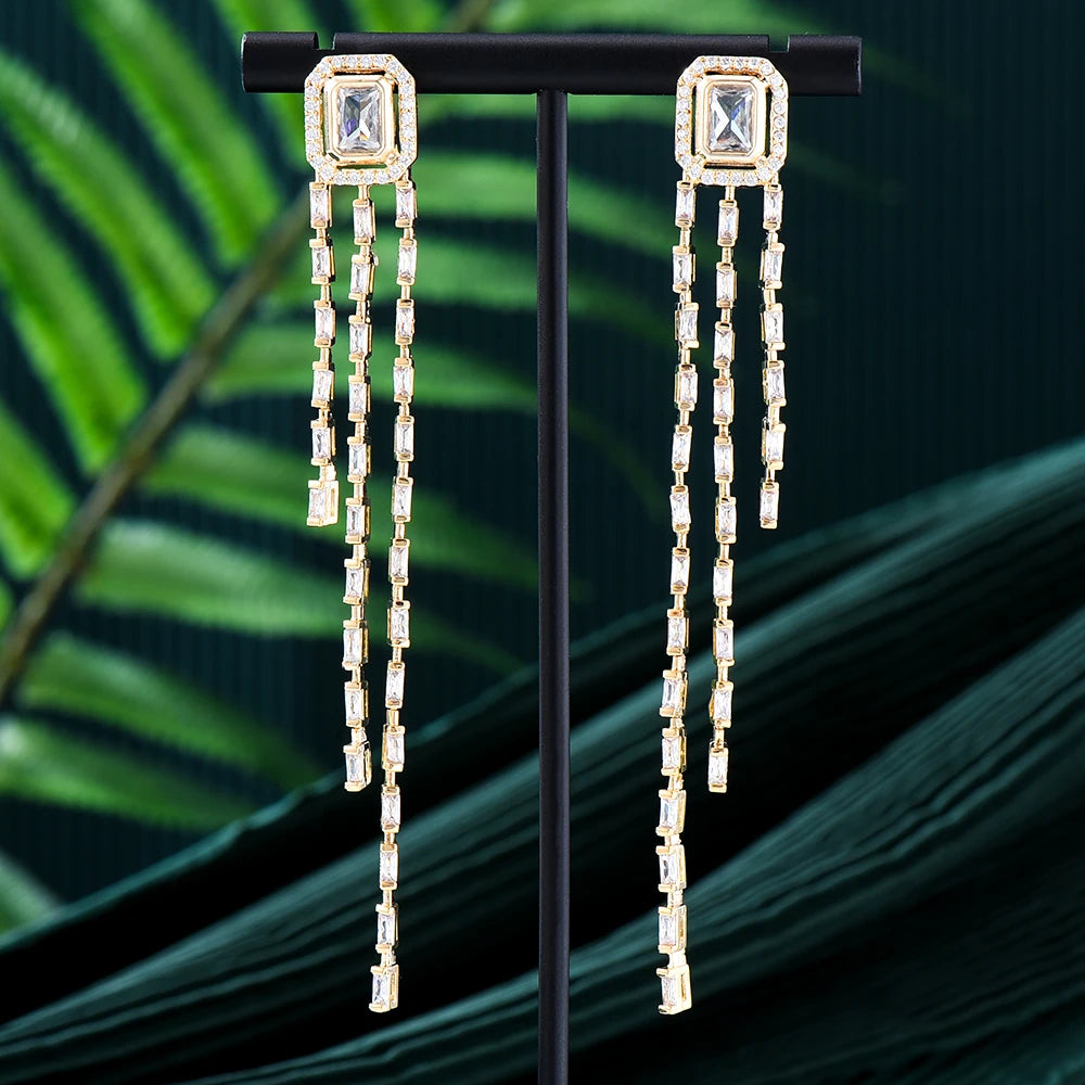Trendy Sweet Long CZ Tassel Earrings For Women Bohemian Geometric Drop Earring