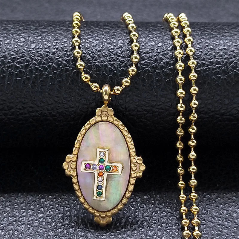  Aesthetic Cross Prayer Necklace Crystal Shell Stainless Steel  Chain Necklaces