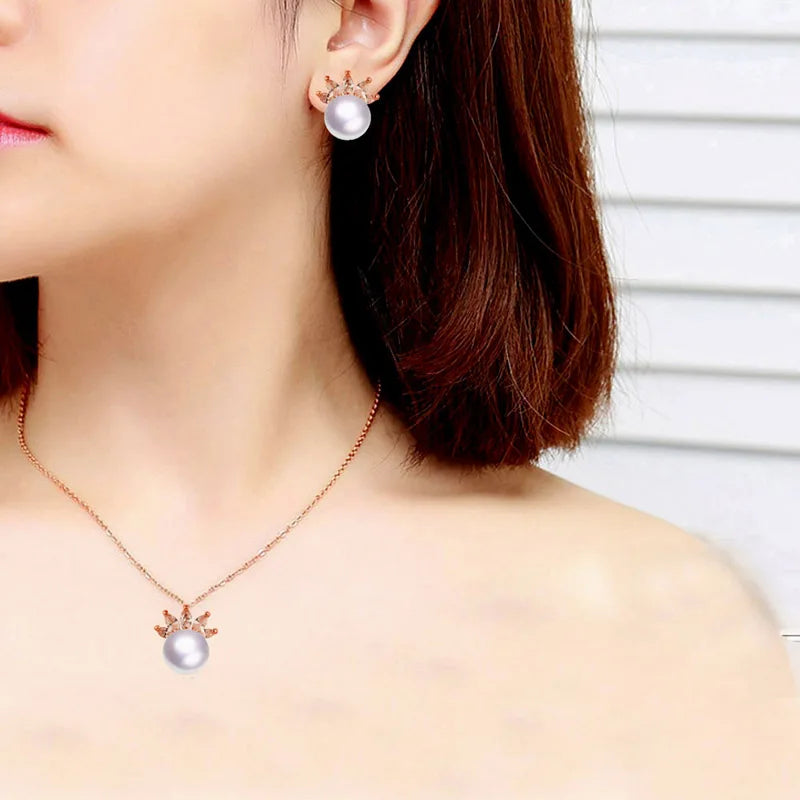 Korean Fashion Crystal Flower Pearl Pendant Stainless Steel Necklace For Women