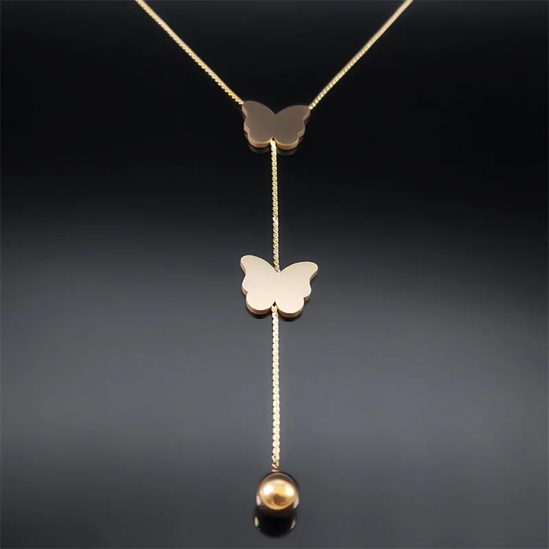 Aesthetic Butterfly Ball Tassel Necklace for Women Stainless Steel Gold Color Female Long Chain