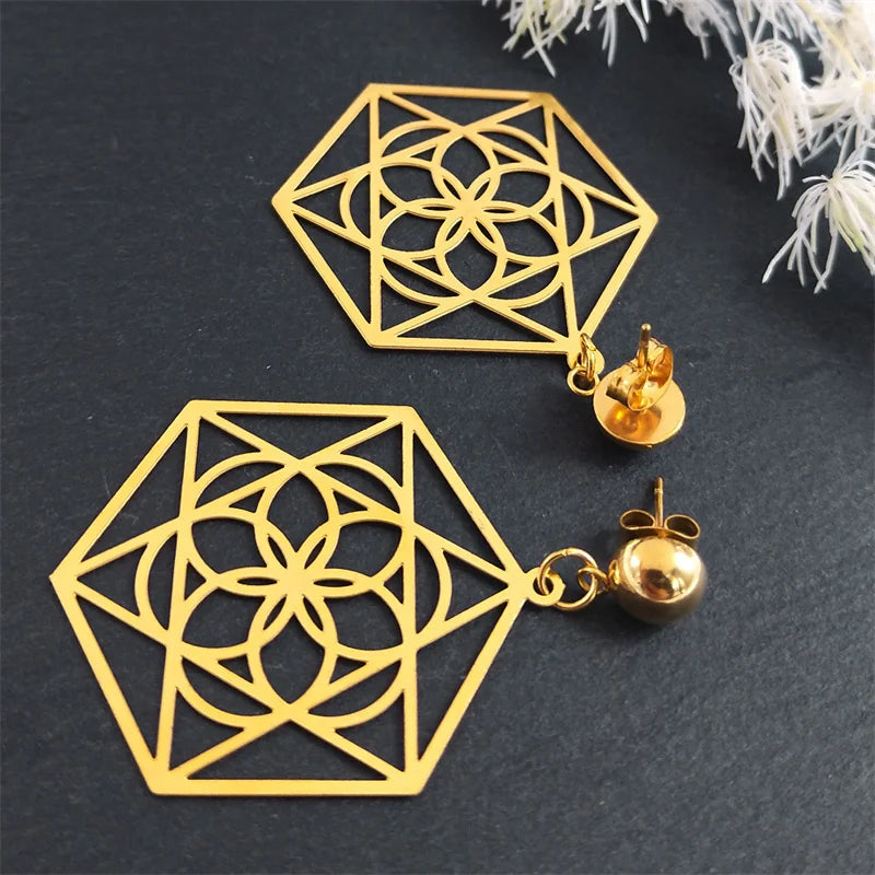 Flower of Life Dangle Earrings for Women Stainless Steel Hexagram Stud Earring