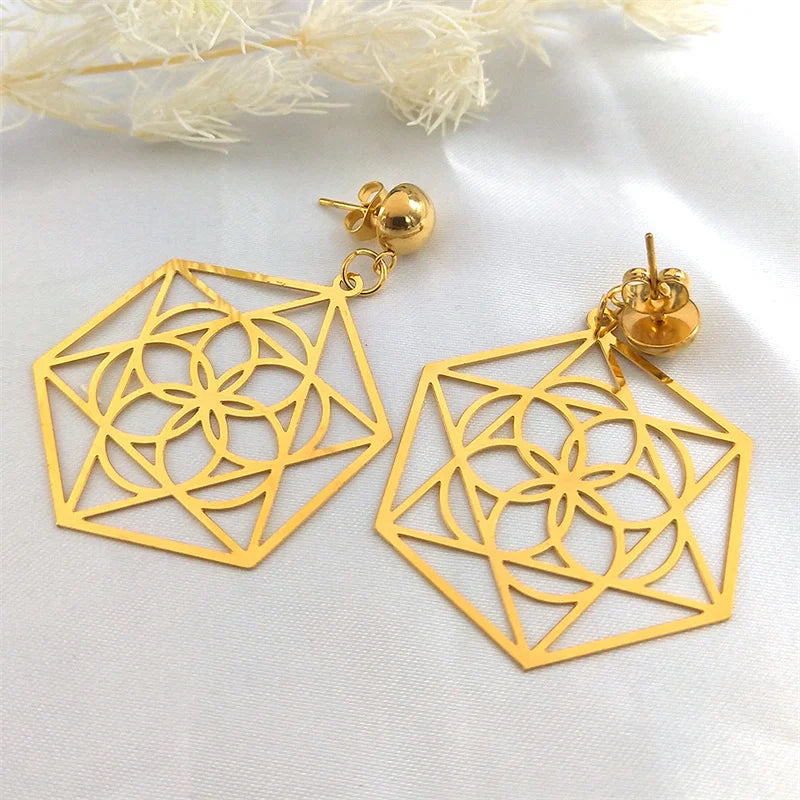  Flower of Life Dangle Earrings for Women Stainless Steel Hexagram Stud Earring