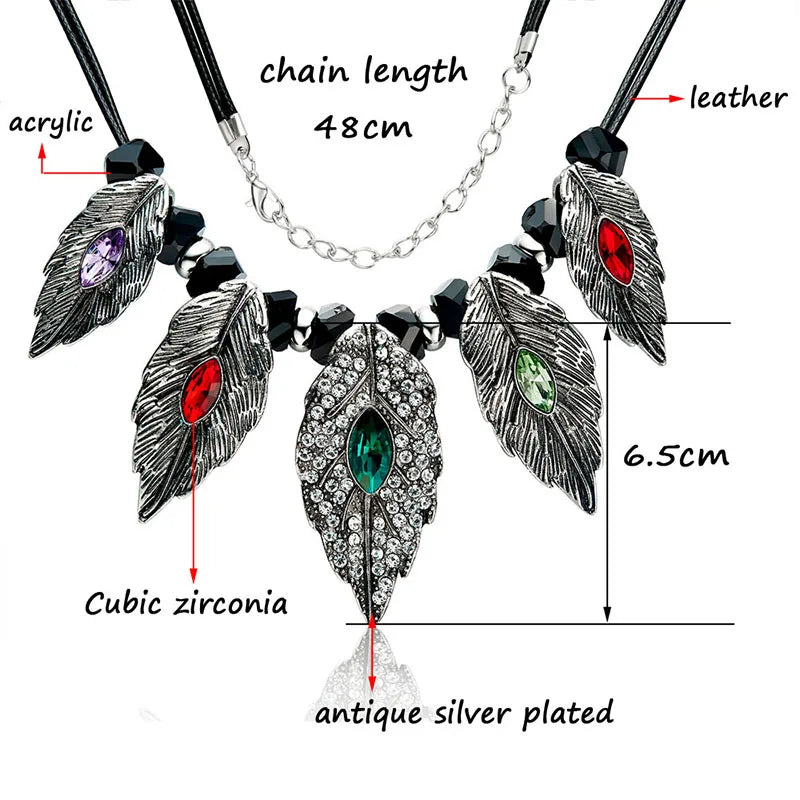 Vintage Leather Blue Green Red Cubic Zirconia Pendant Necklace For Women