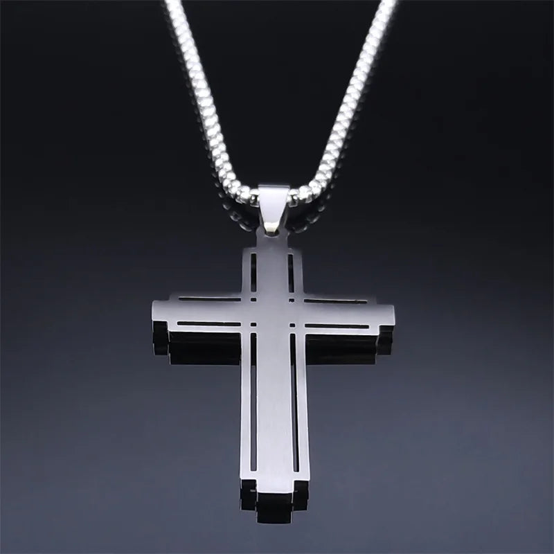 Catholic Cross Necklace Silver Color Stainless Steel Pendant Necklaces