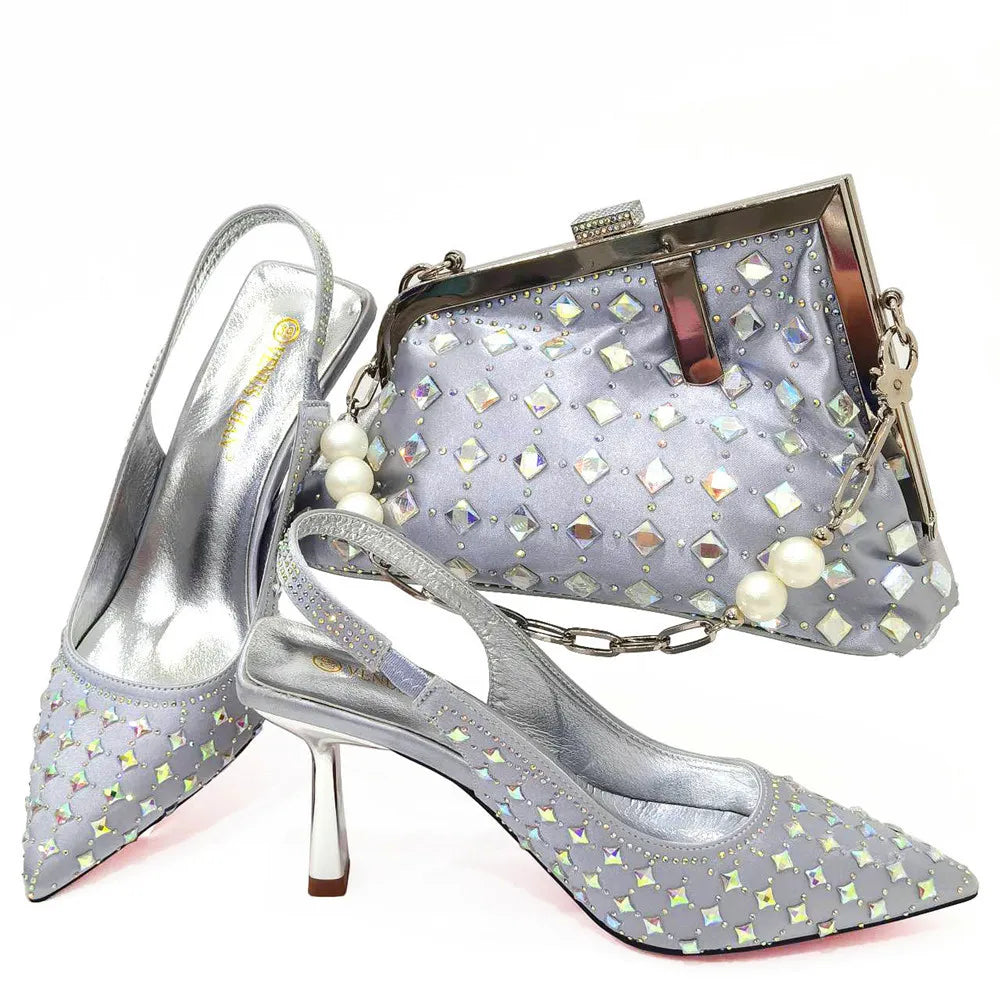 Italian Design Embossed Varnish Style Big Diamond Decoration Classic Noble Women Shoes and Bag Set