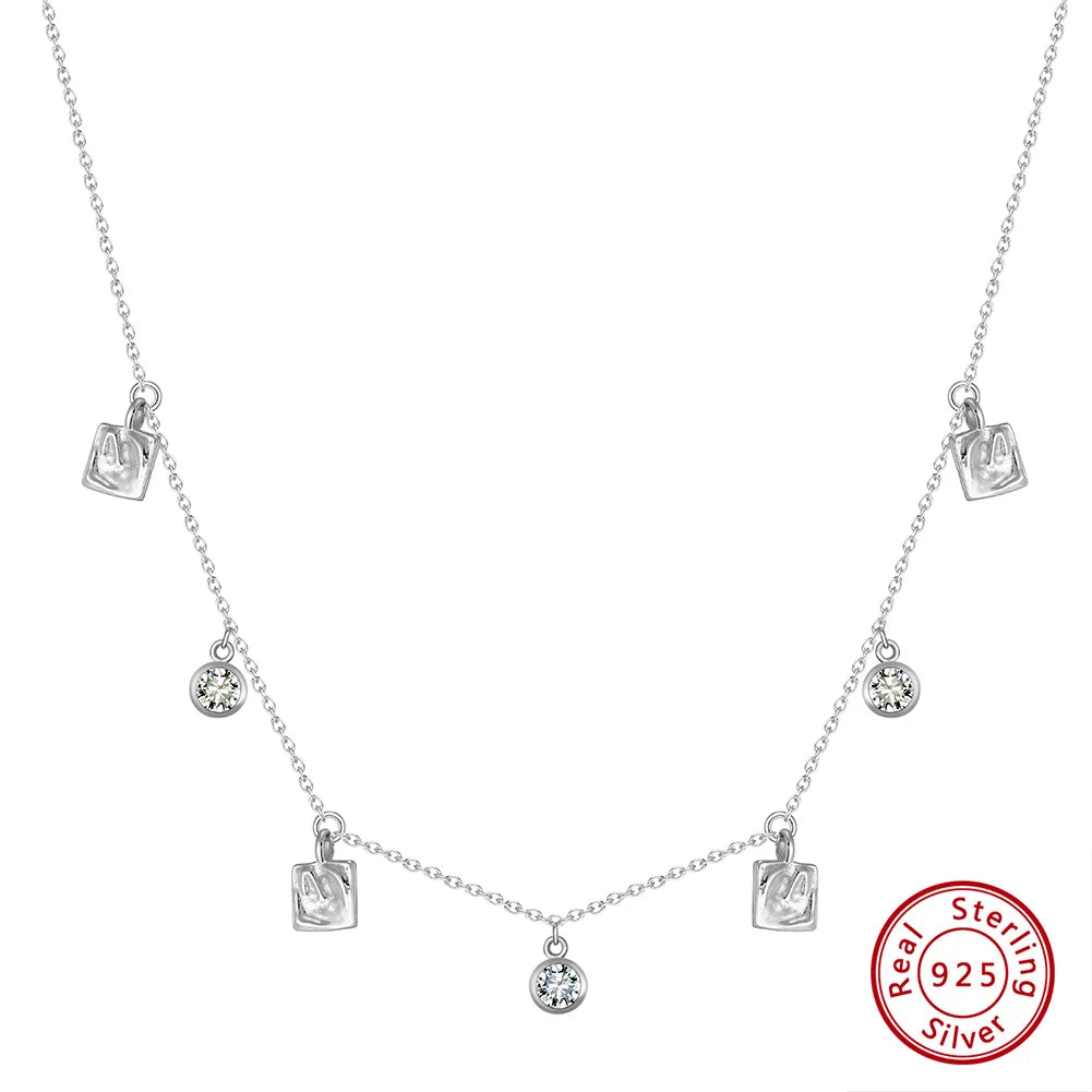 925 Sterling Silver Necklace with Geometric 5A Clear CZ Chain Classic Colar for Women