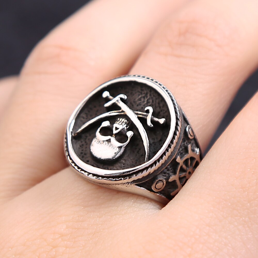 Gothic Vintage Stainless Steel Pirate Signet Double Knife Skull Ring For Men