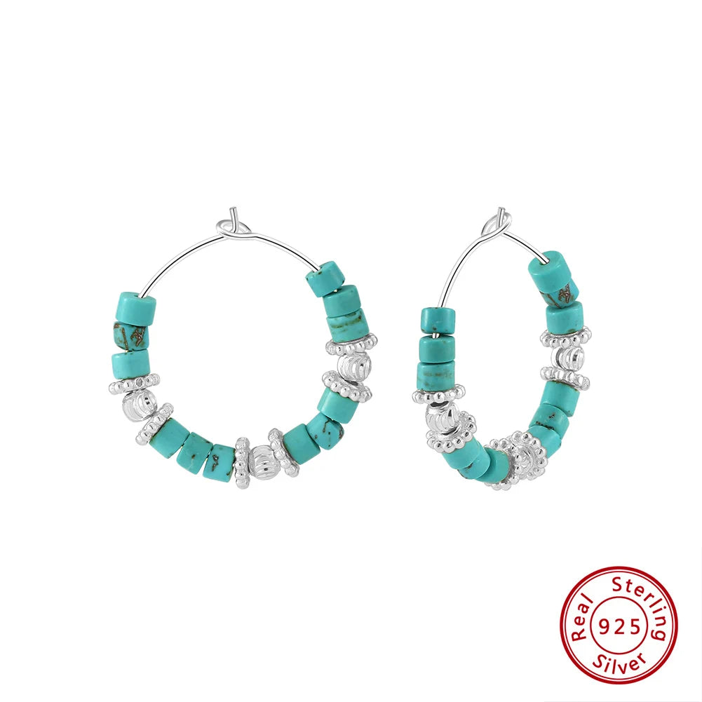 925 Silver Turquoise Hoop Earrings Fashion Blue Turquoise Ear Buckle for Women