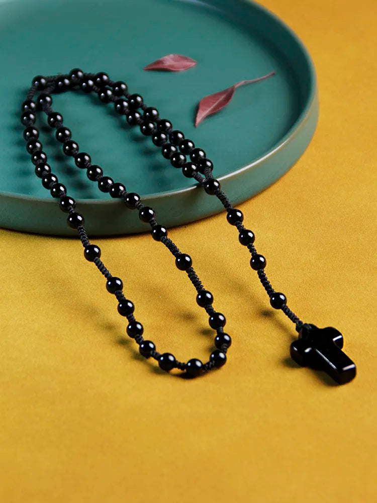  6mm black agate Rosary Necklace Cross Pendant,Handmade knot necklace