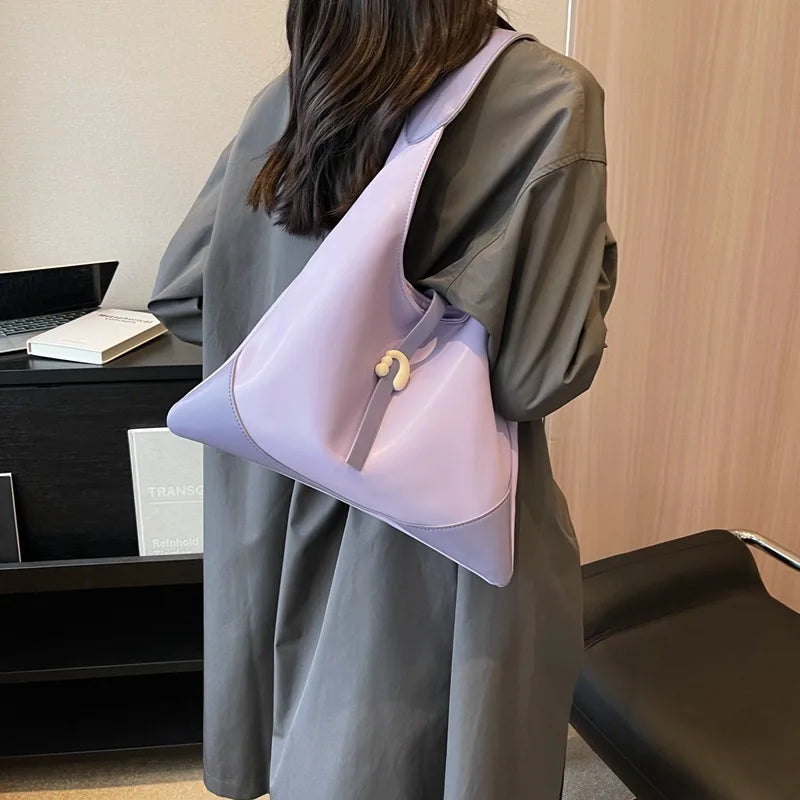 Simple Casual Tote Handbag with Color-blocking Soft Leather Commute Satchel Fashion Underarm Shoulder Bag