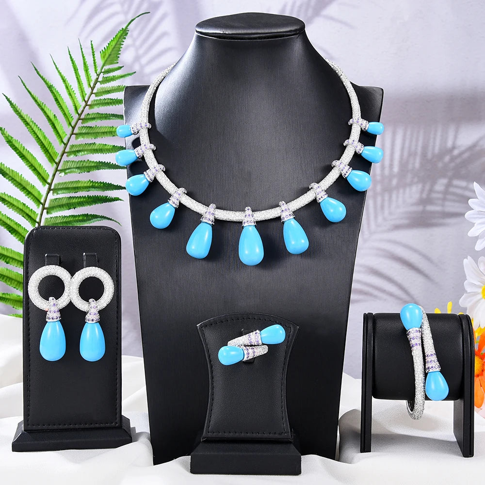 New Luxury 4PCS Orange Necklace Bangle Earrings Ring Jewelry Set for Bridal Wedding Women