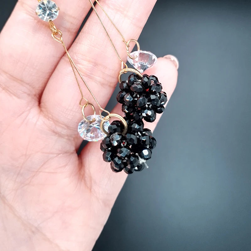 charm black crystal ball long drop earrings for women