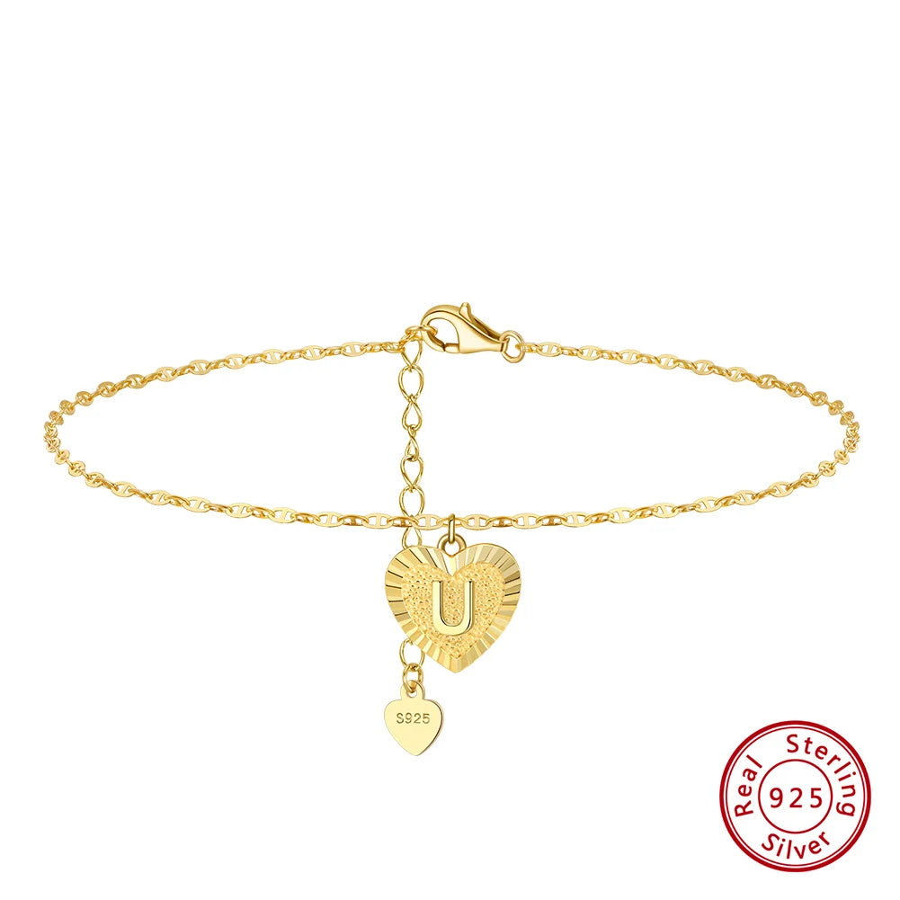 925 Sterling Silver Initial Heart Ankle Bracelet for Women