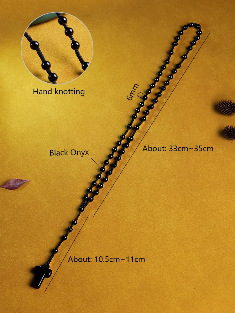 6mm black agate Rosary Necklace Cross Pendant,Handmade knot necklace