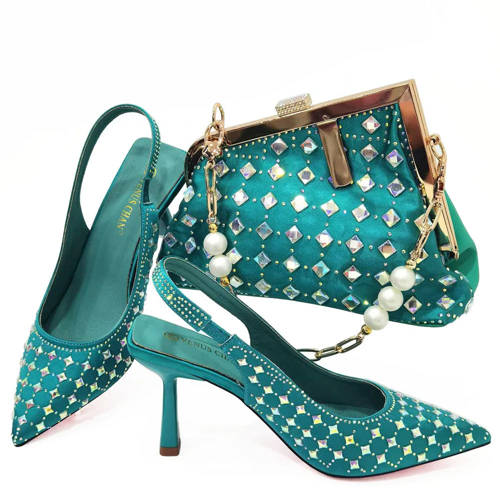 Italian Design Embossed Varnish Style Big Diamond Decoration Classic Noble Women Shoes and Bag Set